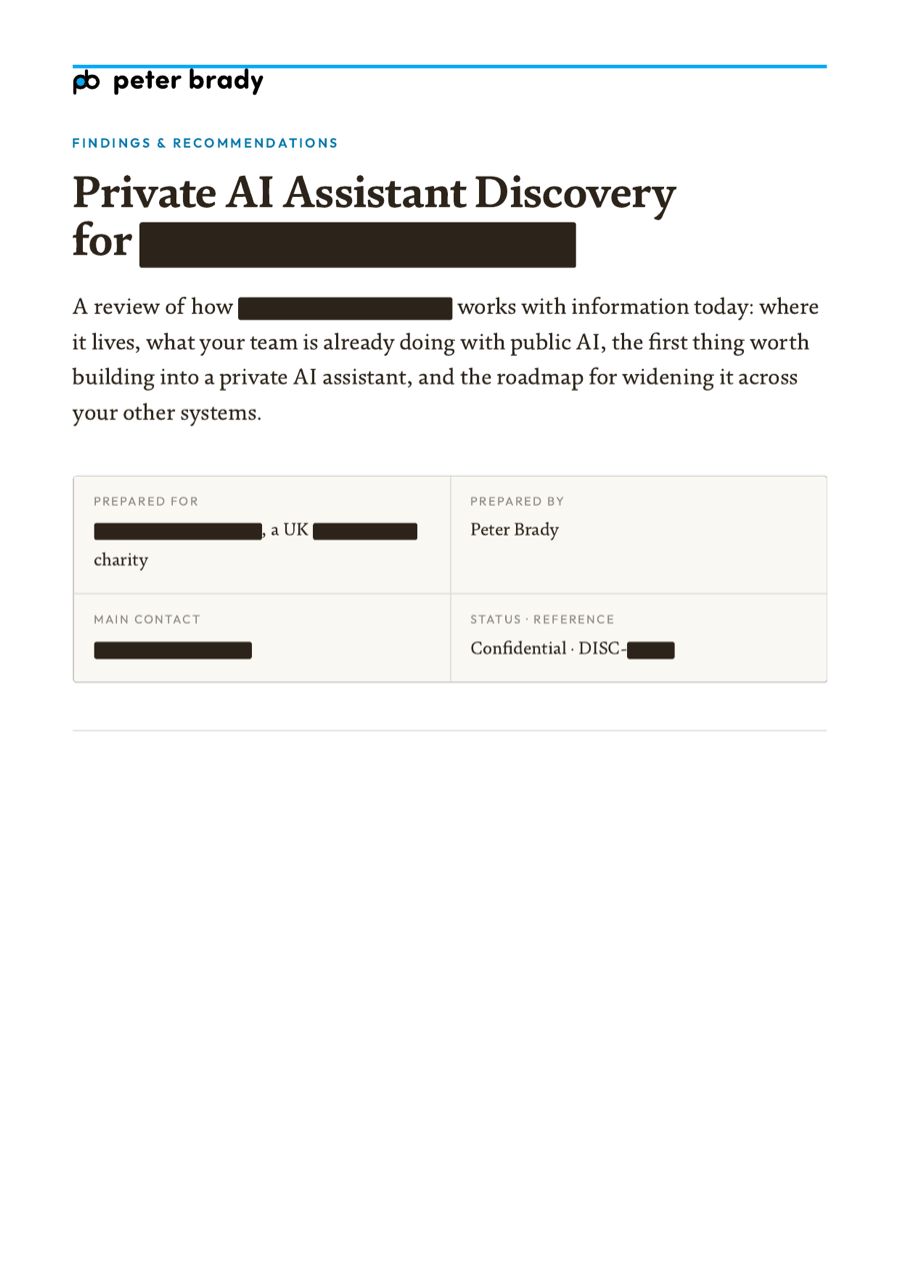 Cover of a sample Private AI Discovery report, prepared for a UK charity