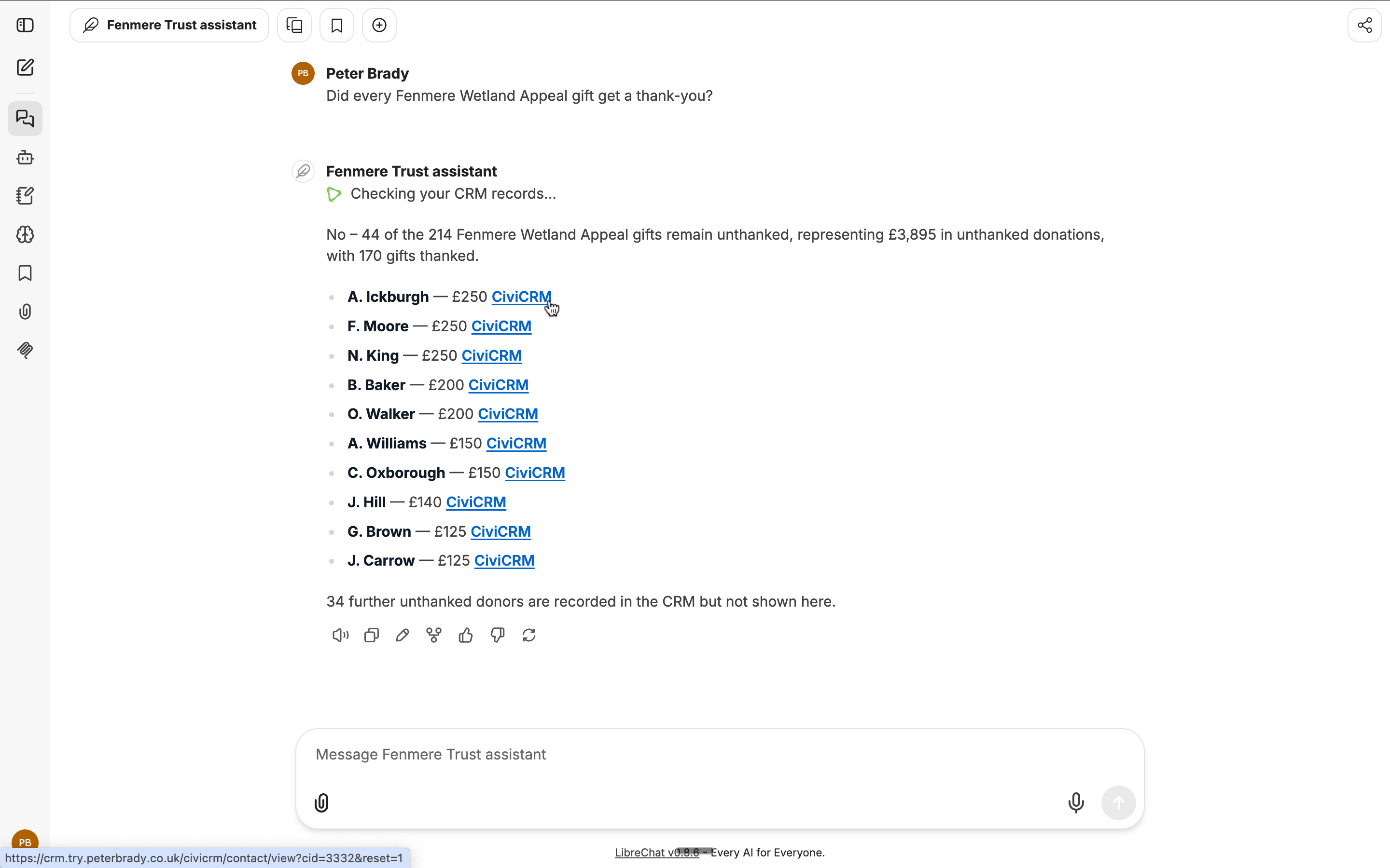 An assistant answer listing unthanked donors, each line ending in a CiviCRM link