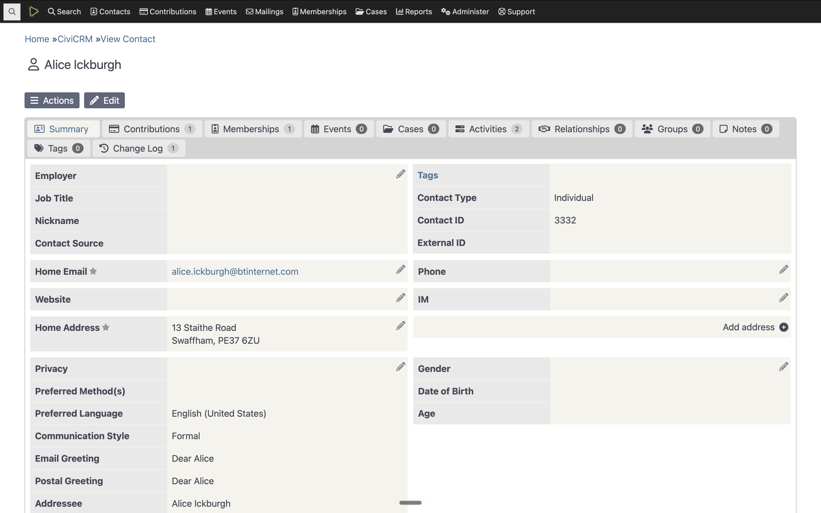 The CiviCRM contact record the link opens, for Alice Ickburgh