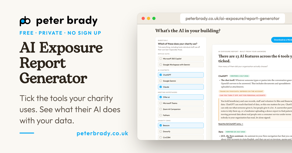 The AI Exposure Report Generator: a report on the tools a charity uses, shown in a browser window